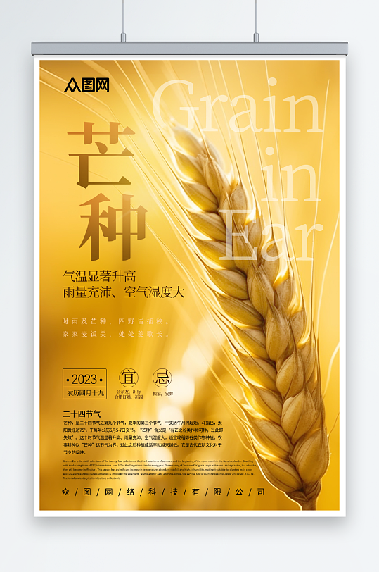 金色麦穗简约二十四节气芒种海报