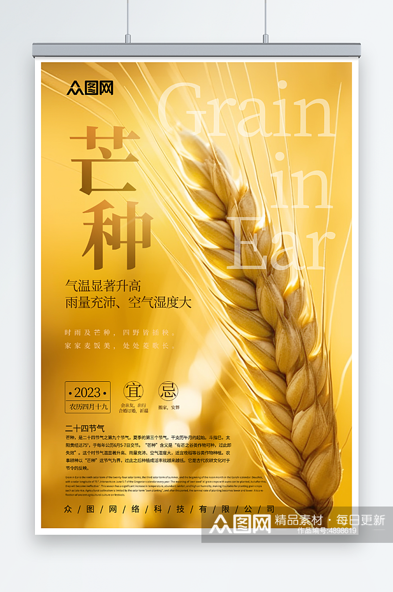 金色麦穗简约二十四节气芒种海报素材