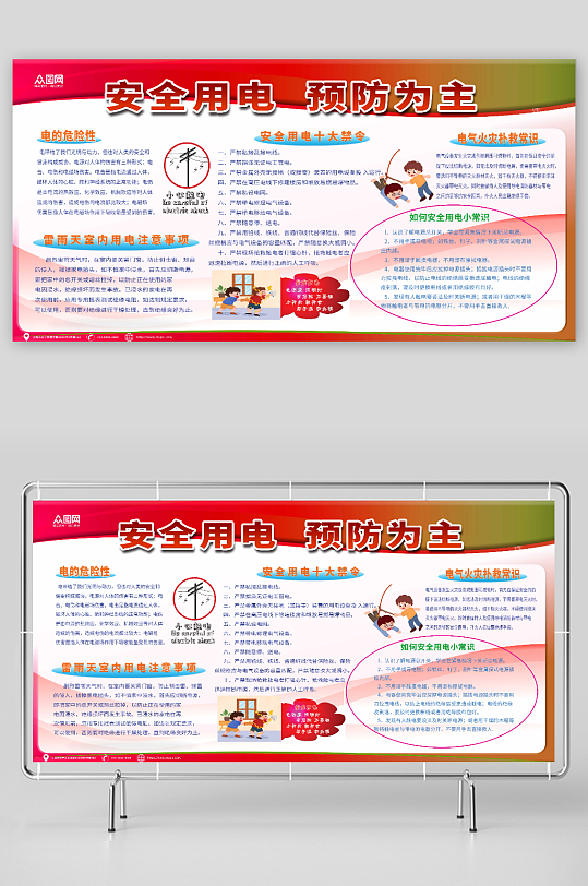 红色卡通安全用电预防为主知识宣传栏展板
