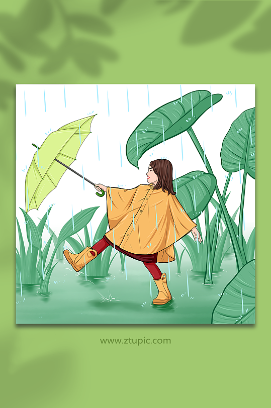 春季春天雨水节气植物儿童人物插画