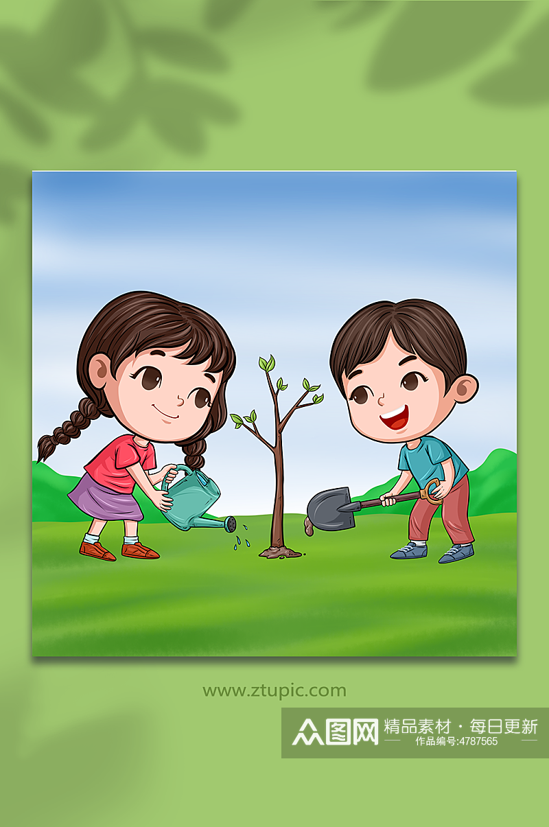 手绘儿童植树节人物插画素材