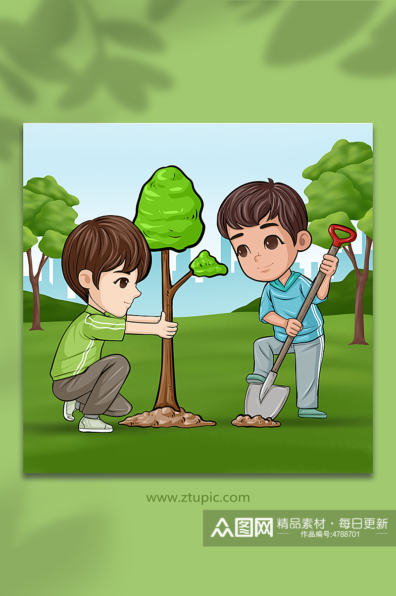 小男孩手绘植树节人物插画素材