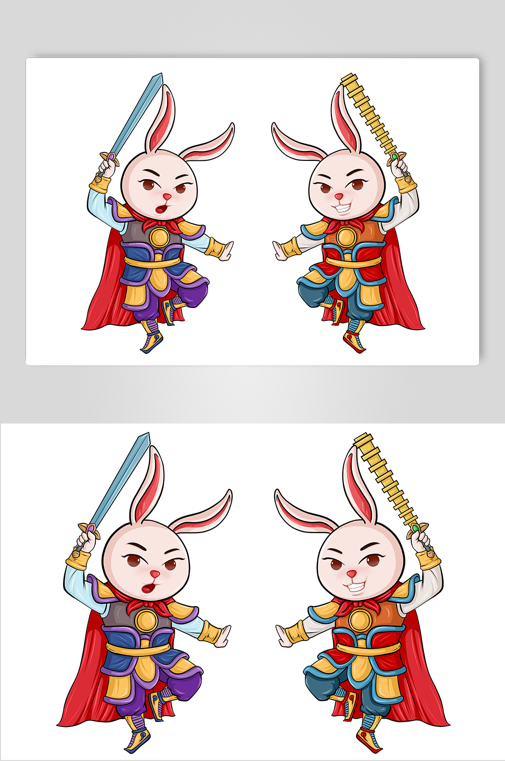 兔子手绘卡通兔年门神插画素材