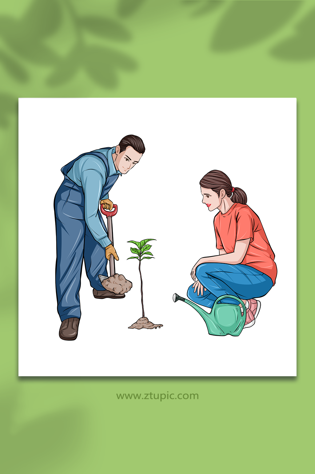 手绘风情侣植树节人物插画素材