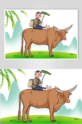春季牧童清明节人物元素插画