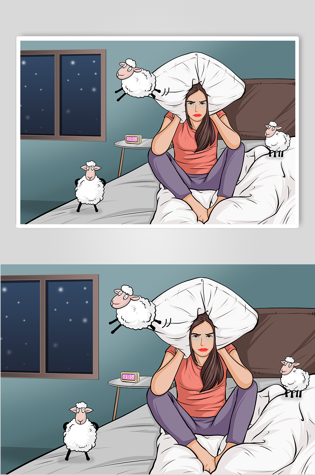 女生数羊失眠焦虑人物插画素材