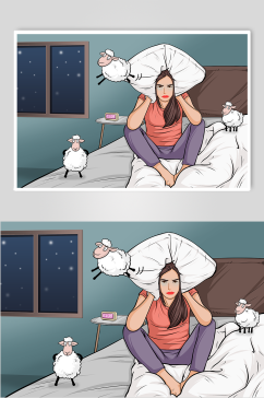 女生数羊失眠焦虑人物插画