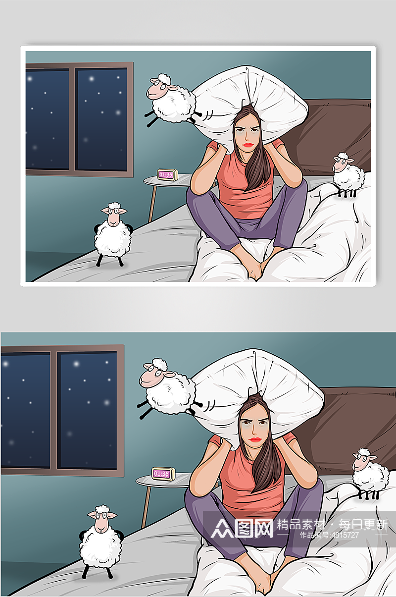 女生数羊失眠焦虑人物插画素材