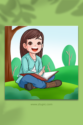 森林儿童读书阅读图书人物插画