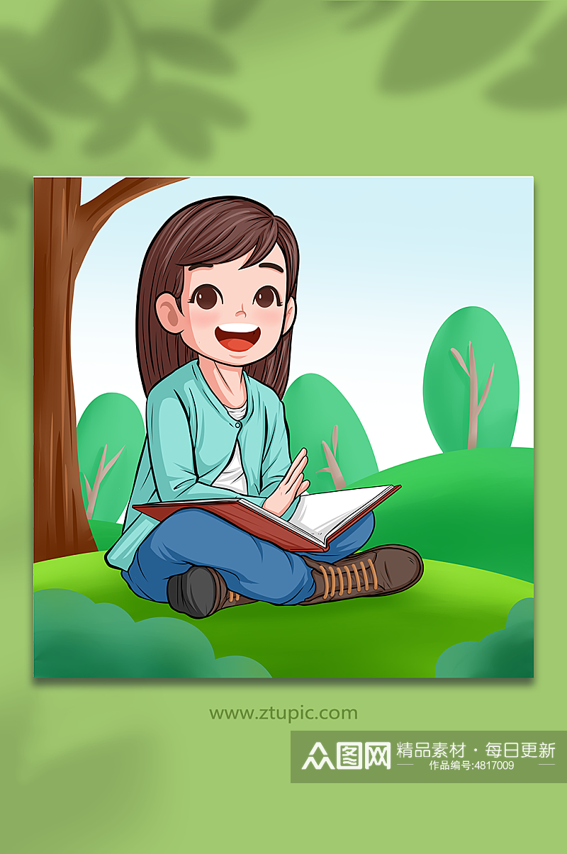 森林儿童读书阅读图书人物插画素材