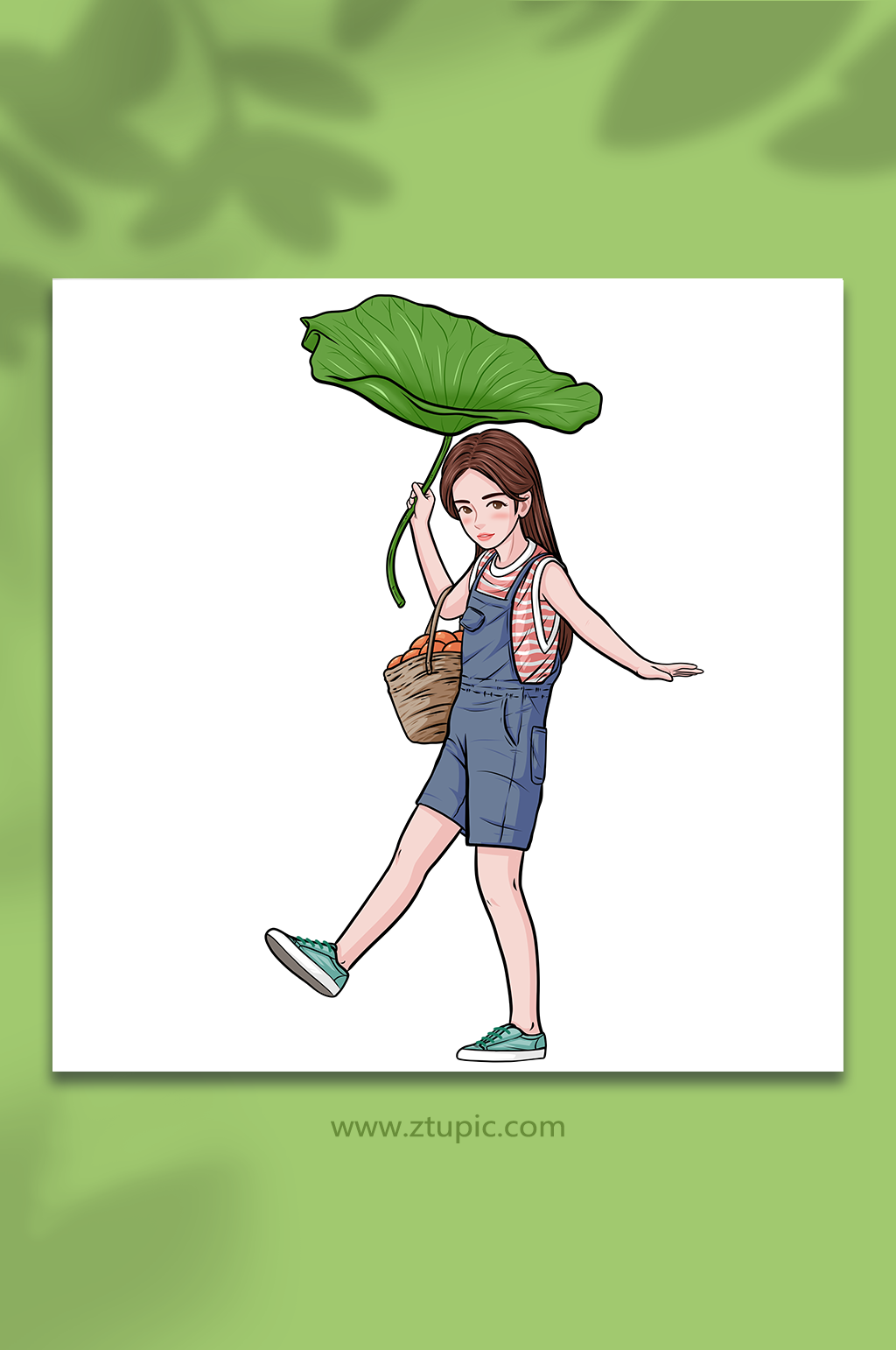 夏季手绘风夏天手拿荷叶的少女插画素材
