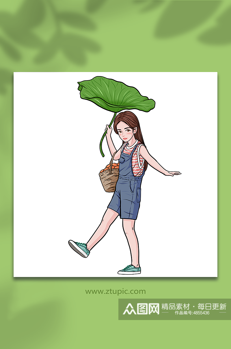 夏季手绘风夏天手拿荷叶的少女插画素材