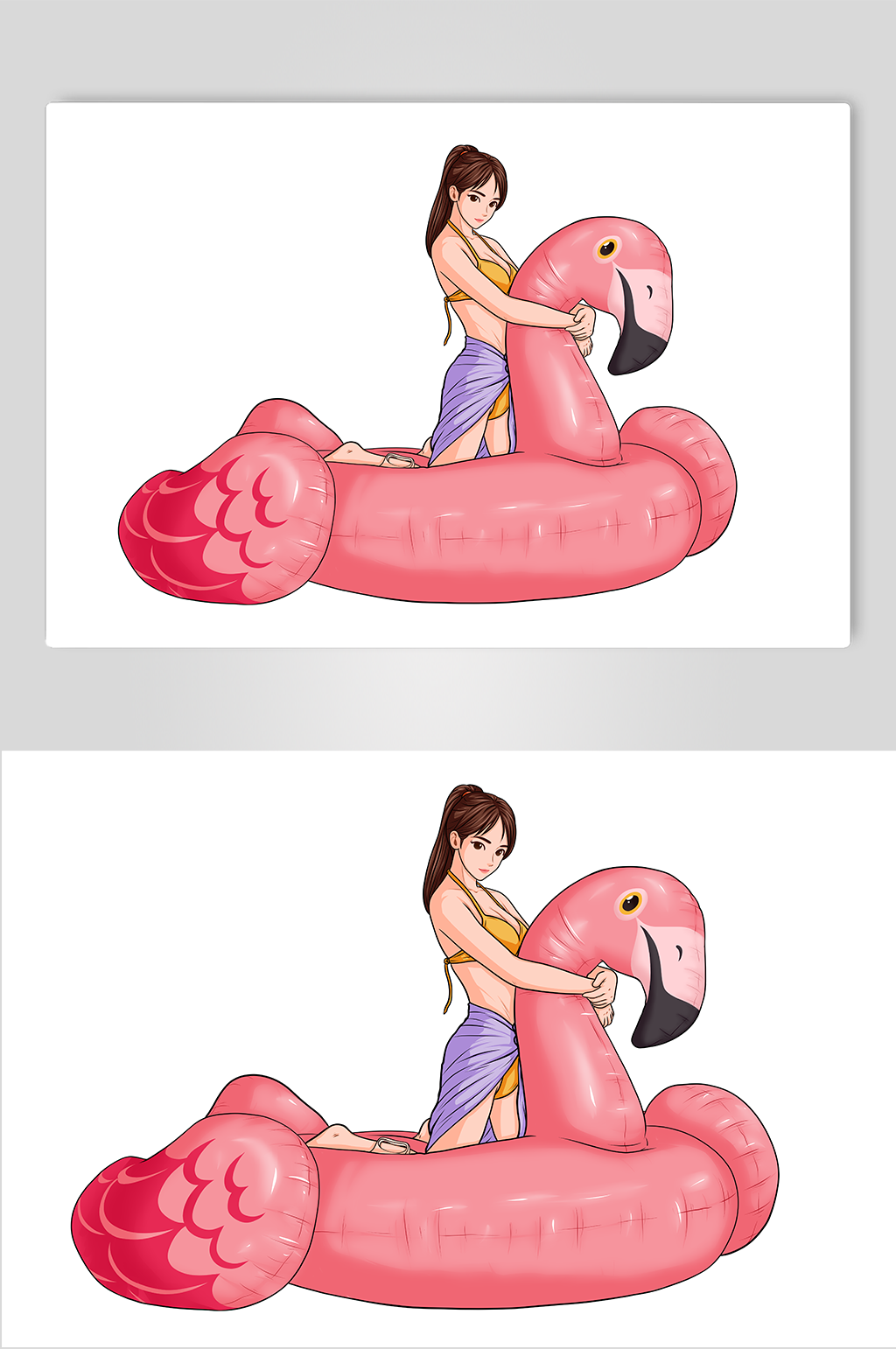 夏季人物与火烈鸟游泳圈插画素材