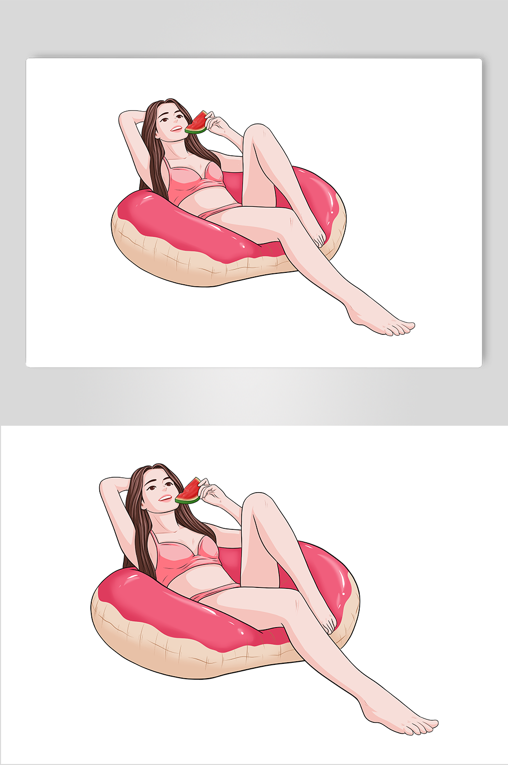 夏季躺在游泳圈上吃西瓜人物插画素材