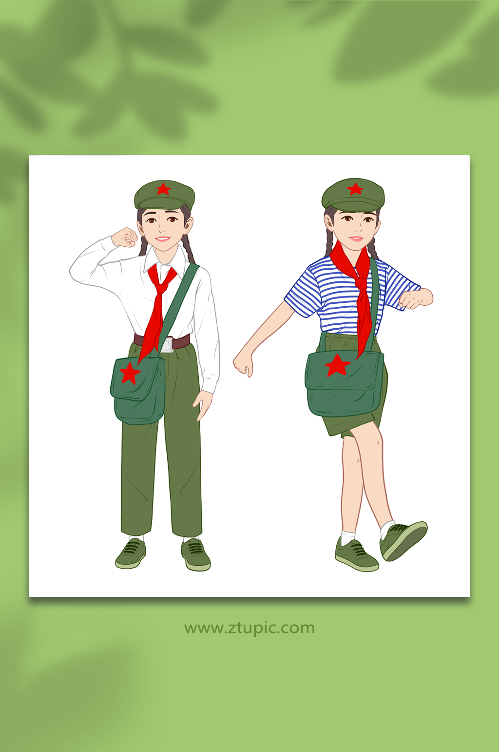 手绘风少先队员复古军装建党节插画元素素材