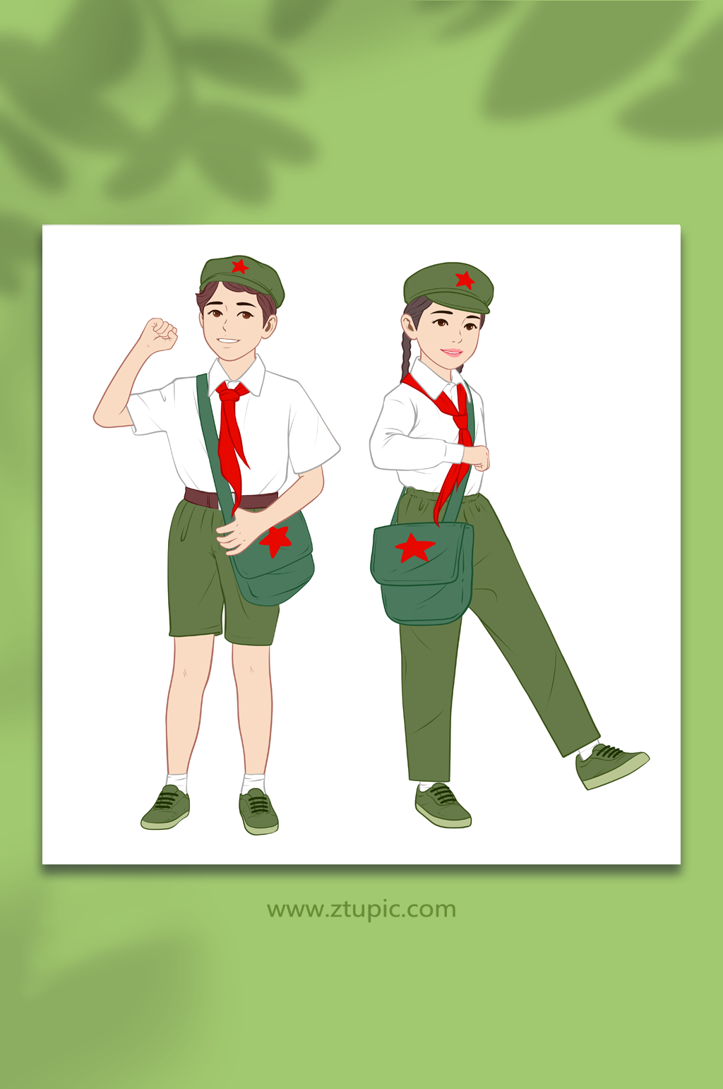 手绘风复古军装建党节少先队员插画元素素材