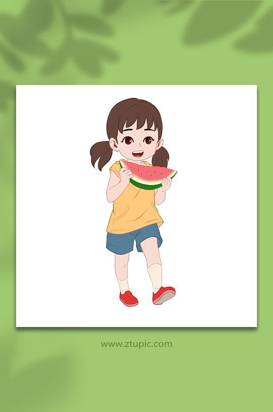 夏季吃西瓜的小女孩插画