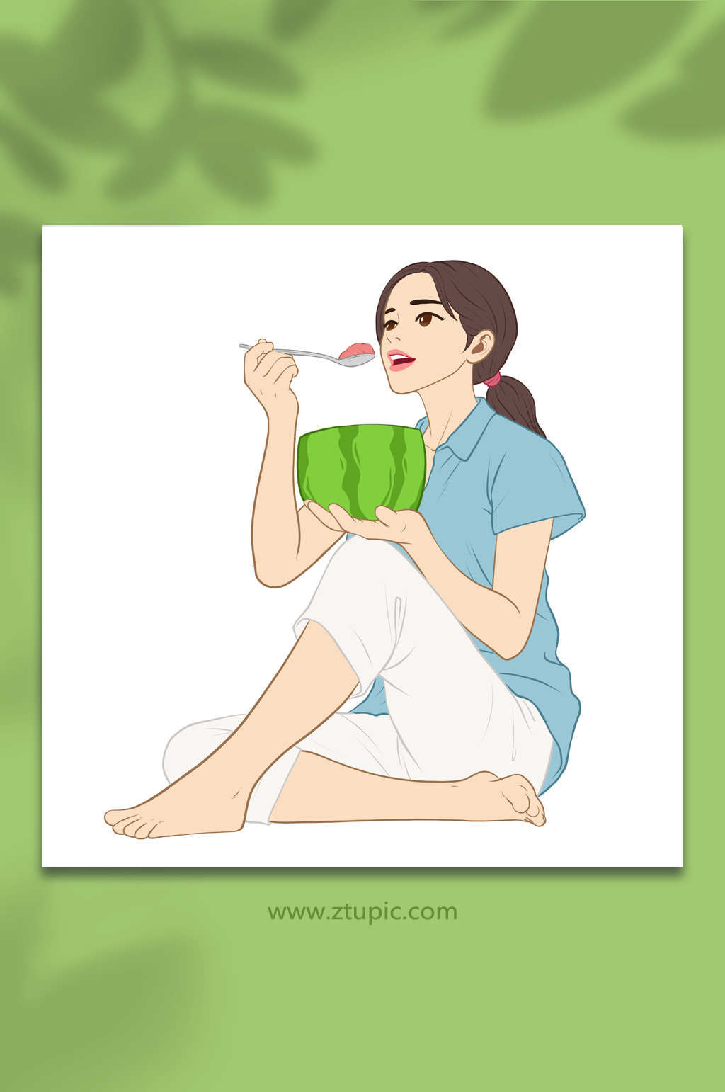 夏季吃西瓜人物插画元素素材