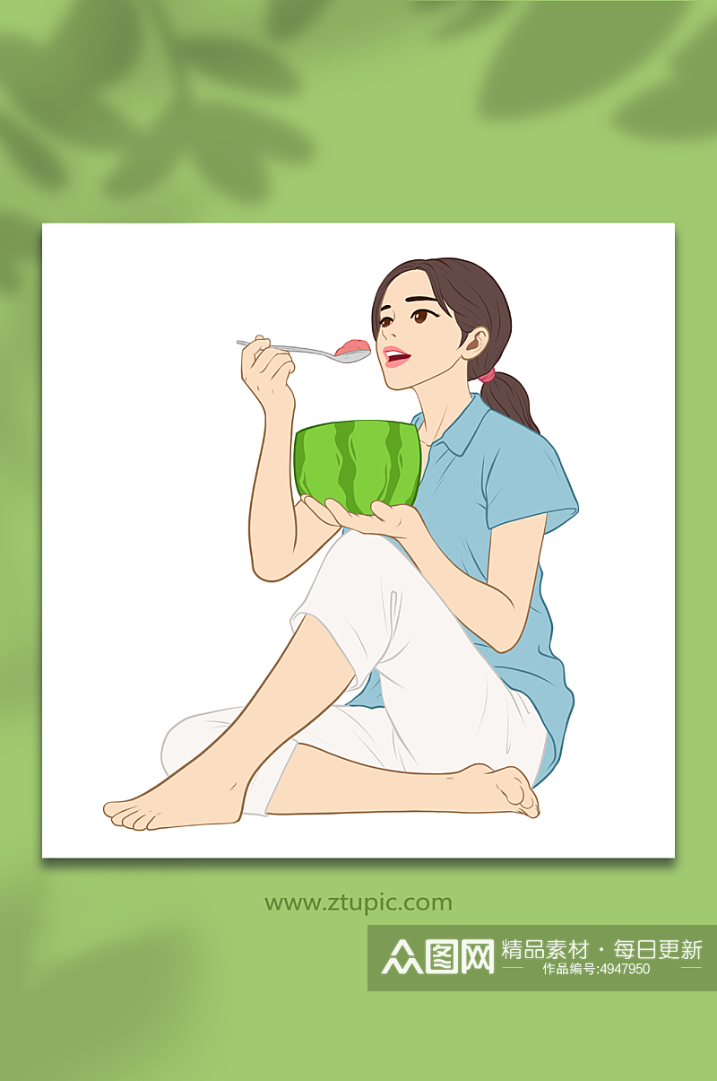 夏季吃西瓜人物插画元素素材