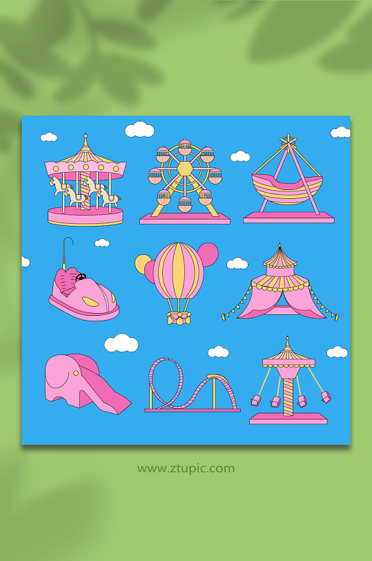 粉色浪漫儿童游乐园设施元素插画