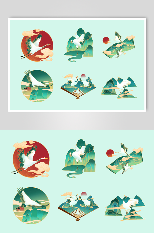 清新山水祥云国潮仙鹤元素插画-众图网