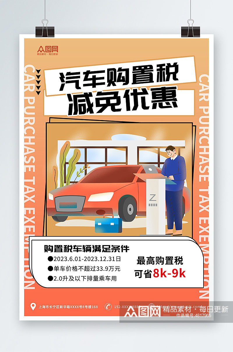 橙色卡通购置税减免汽车优惠海报素材