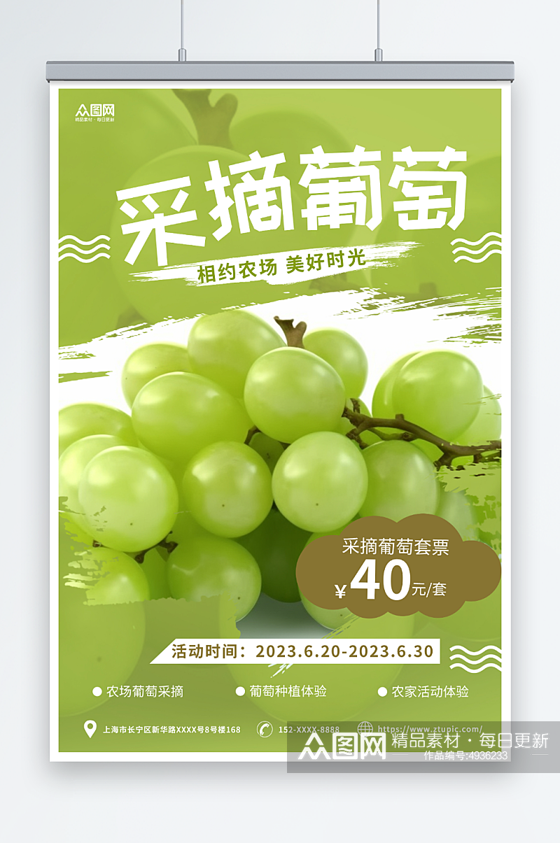 绿色简约葡萄提子果园采摘活动海报素材