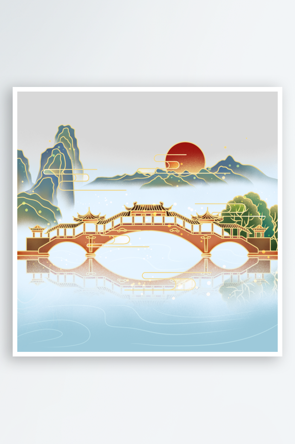 国潮山水插画素材PNG元素素材