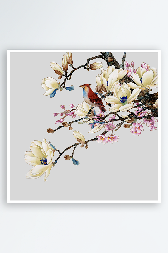 中国风水墨花鸟工笔装饰画PNG素材