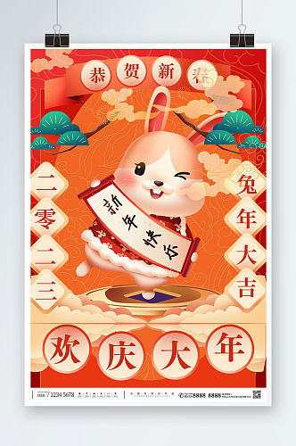 红色喜庆兔年新年祝福海报