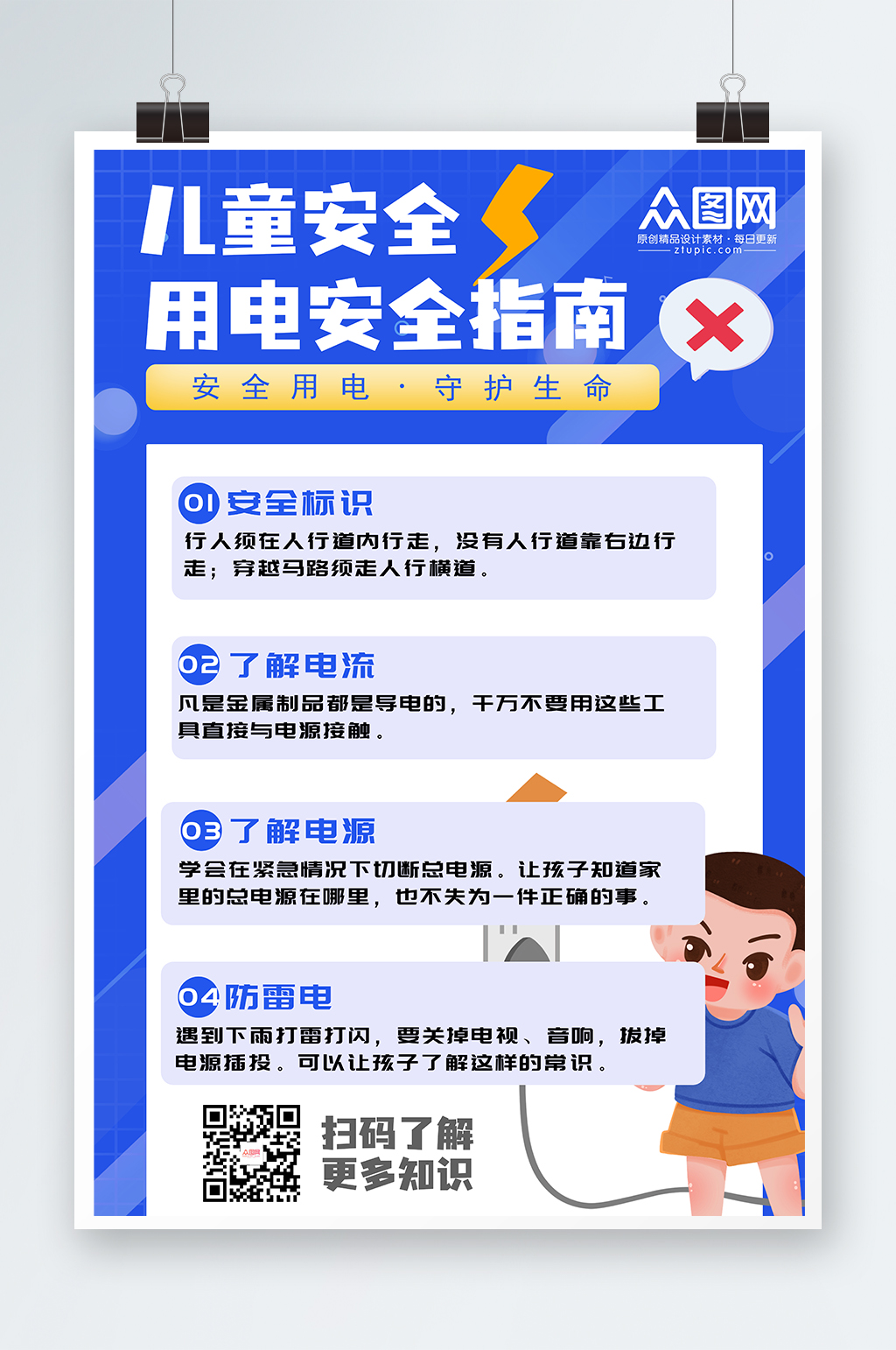 蓝色儿童安全用电指南海报素材