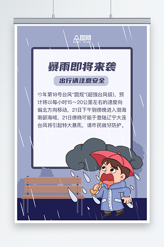 卡通暴雨来袭提醒灾害预警海报