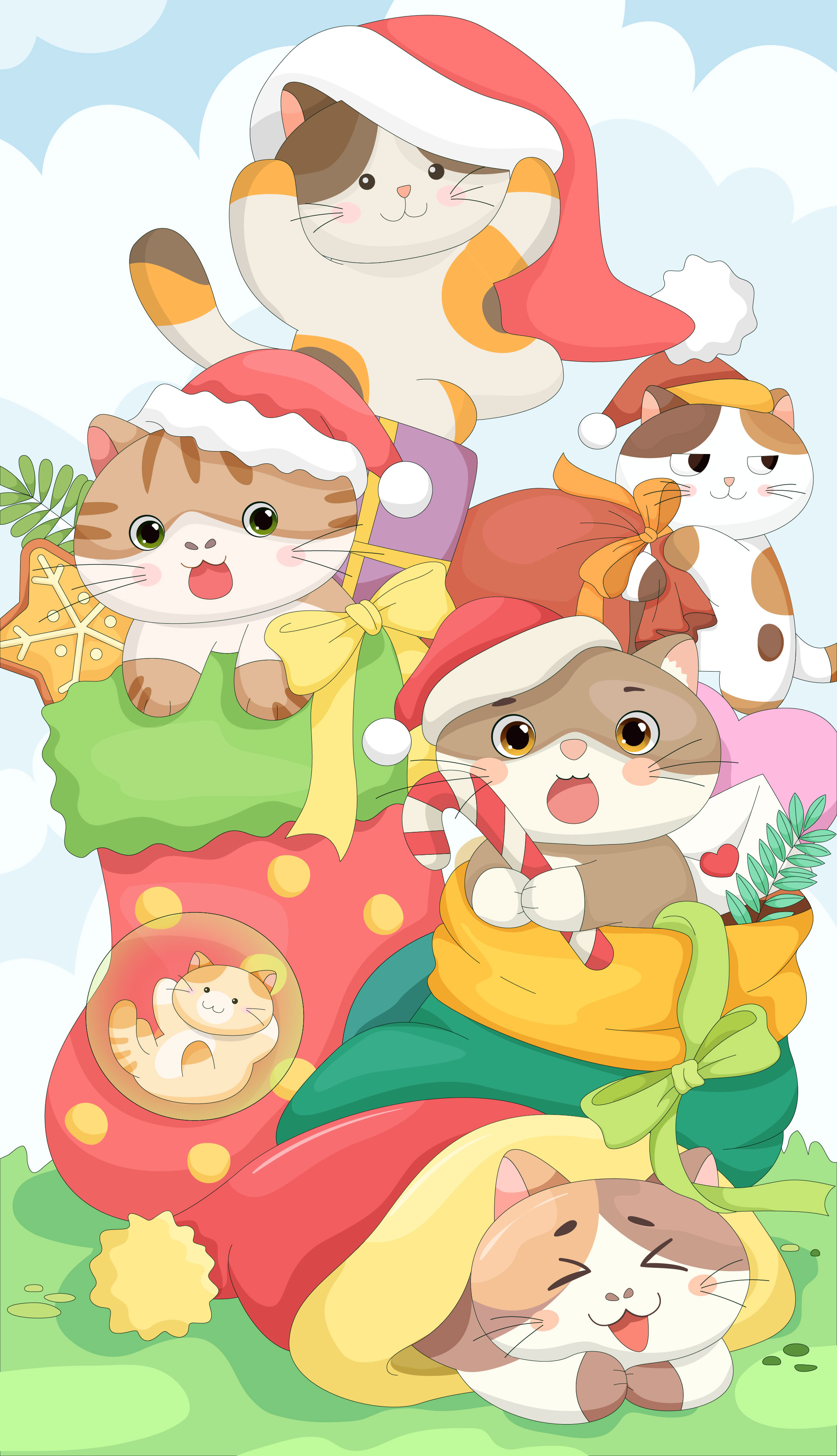 圣诞节猫咪睡在圣诞袜圣诞帽拟人化卡通插画素材