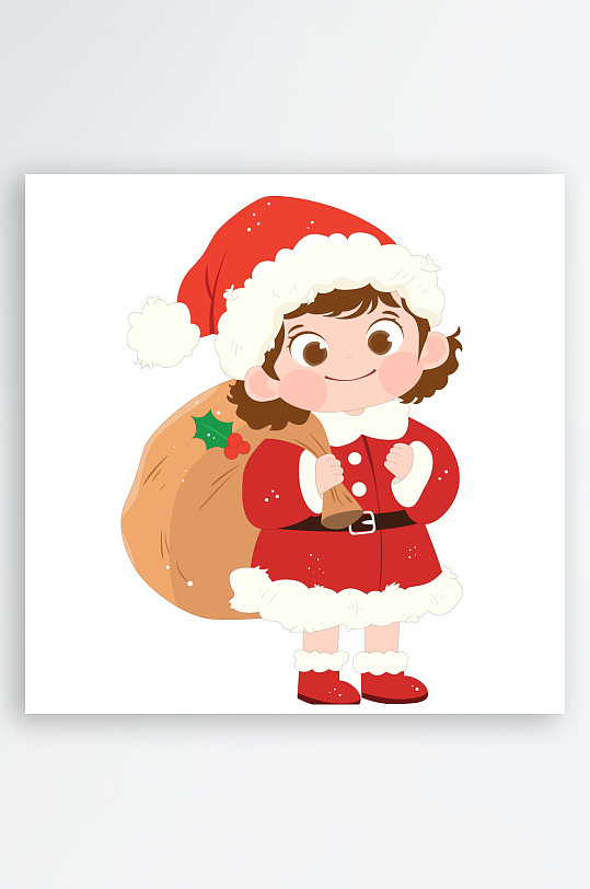 卡通圣诞节小女孩穿圣诞服装送礼物节日插画-众图网