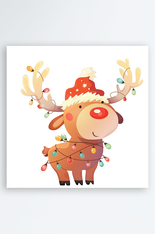 卡通圣诞节可爱驯鹿身上缠着圣诞彩灯插画-众图网