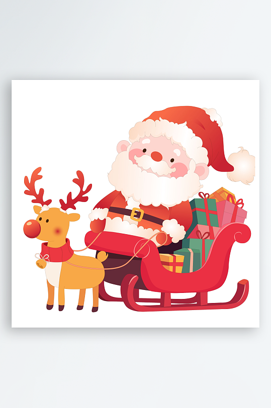 卡通圣诞节圣诞老人坐驯鹿雪橇车送礼物插画-众图网