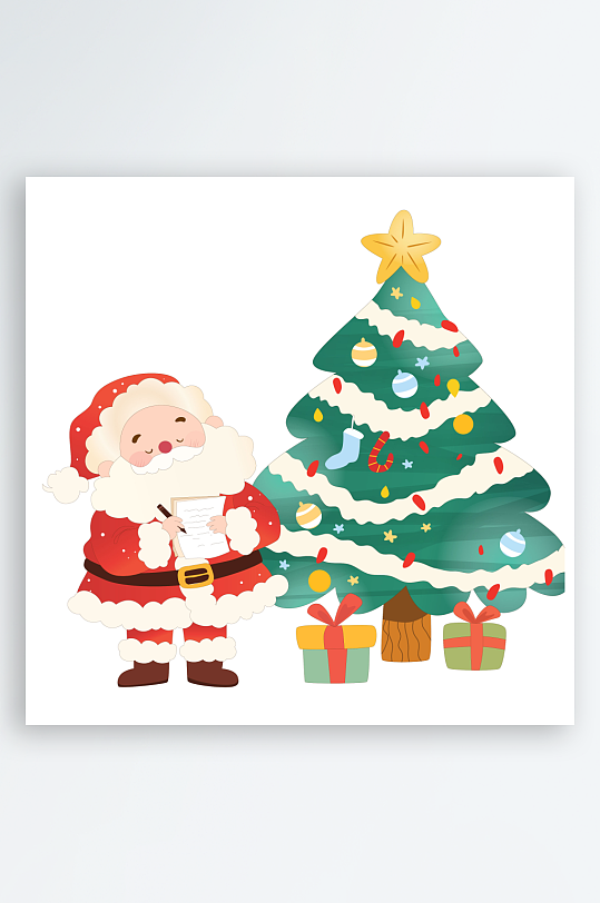 卡通圣诞节圣诞老人圣诞树下送礼物节日插画-众图网