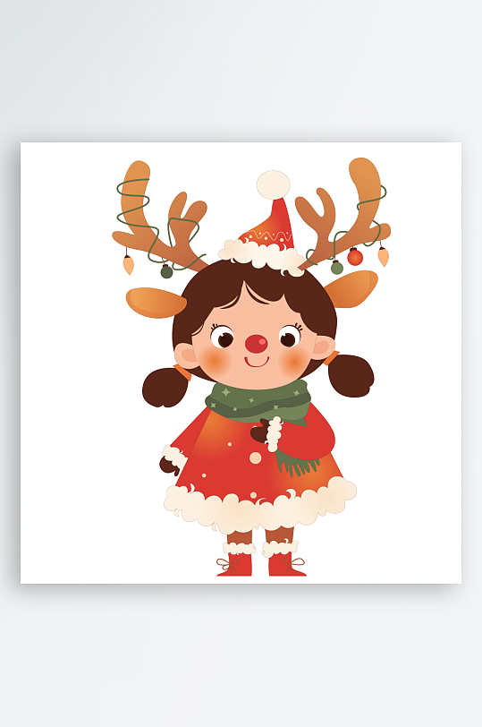 卡通圣诞节可爱女孩戴鹿角圣诞装扮节日插画-众图网
