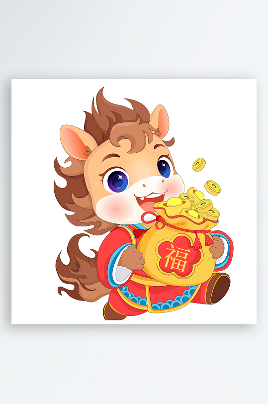 马年春节拿福袋金币元宝卡通小马驹女孩插画-众图网