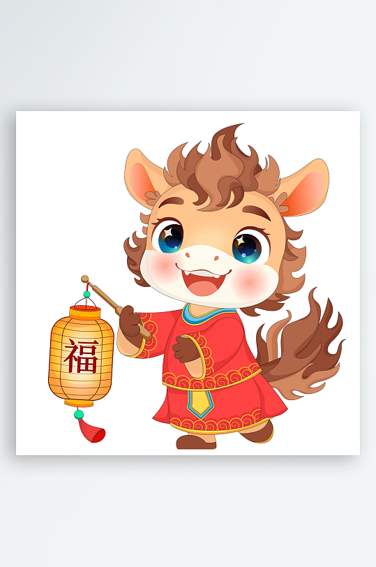马年春节新年拿福字灯笼卡通小马驹女孩插画-众图网