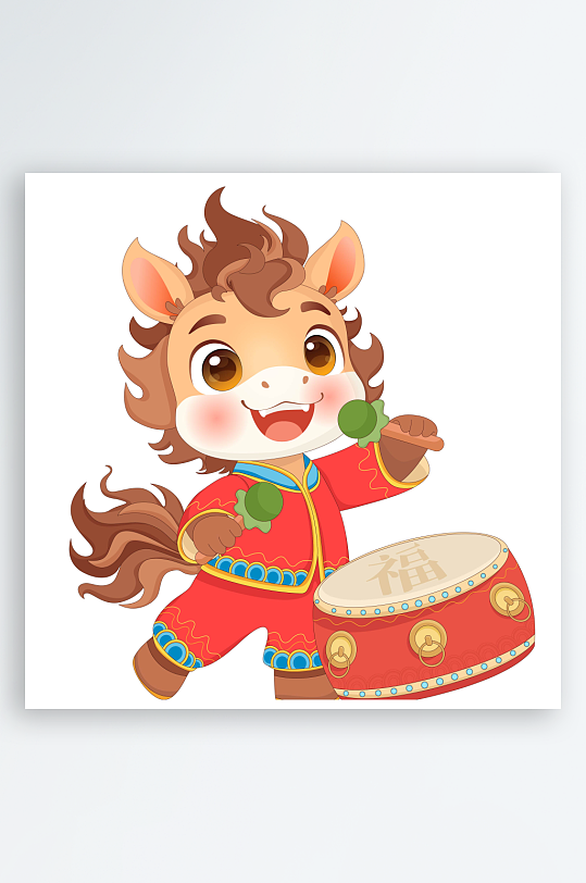 马年春节拿槌敲鼓送祝福小马驹传统节日插画-众图网