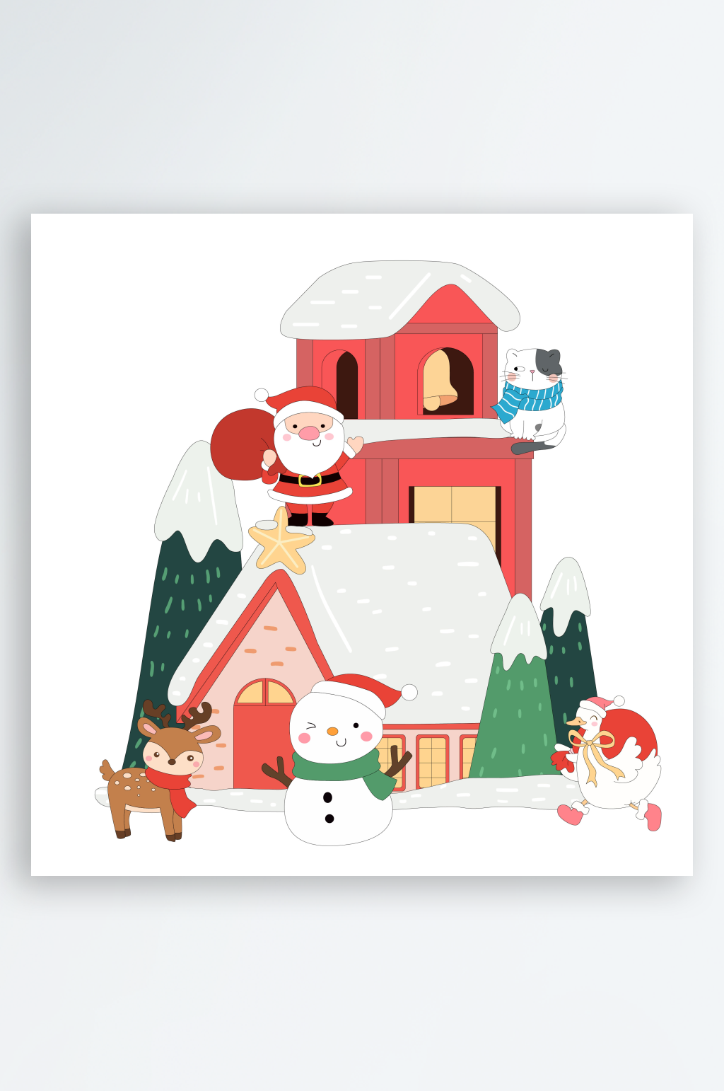 冬季圣诞节圣诞老人雪人驯鹿猫咪小动物插画素材