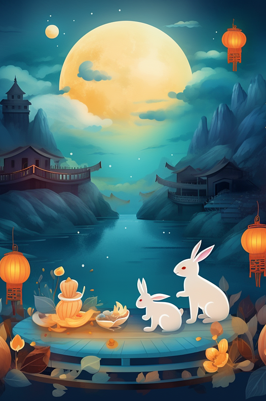 AI数字艺术中国古风中秋节兔子月饼插画
