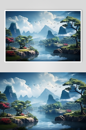 简约大气中国风传统节山水插画海报背景