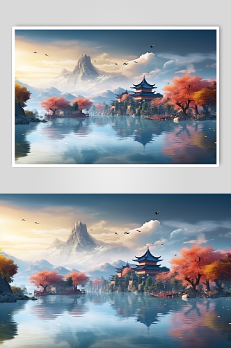 简约大气中国风传统节山水插画海报背景