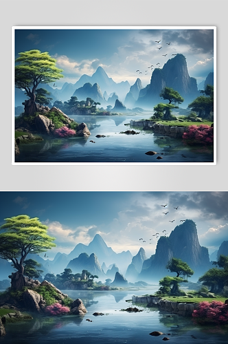 简约大气中国风传统节山水插画海报背景