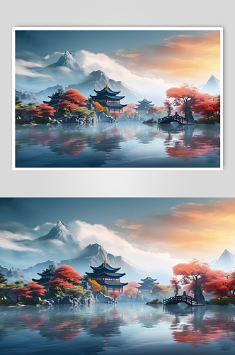 简约大气中国风传统节山水插画海报背景