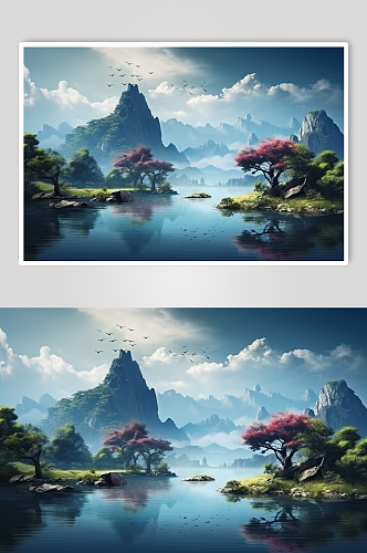 简约大气中国风传统节山水插画海报背景