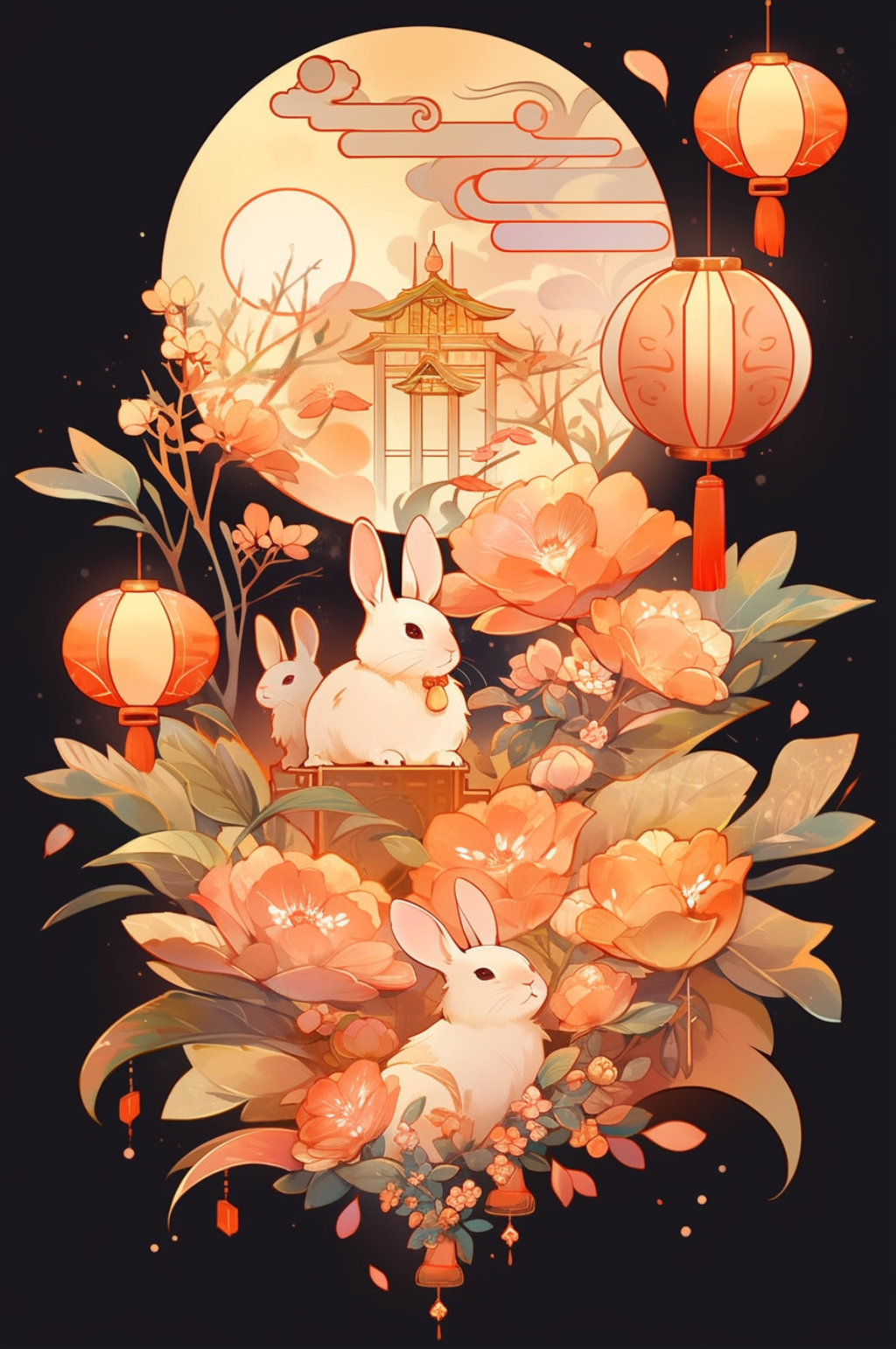 中国风传统中秋节月亮兔子插画海报元素素材