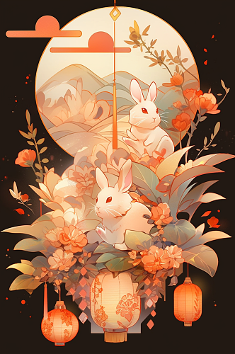 中国风传统中秋节月亮兔子插画海报元素
